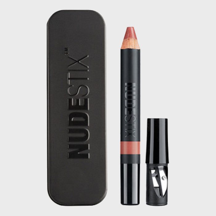 A makeup pencil with a black container beside it, labeled 