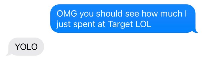 text message exchange using OMG, LOL, and YOLO abbreviations