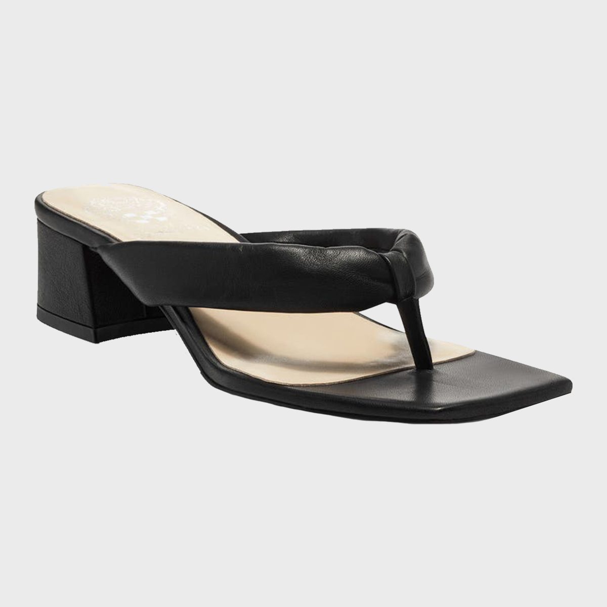 A black, square-toed heeled sandal with a single toe strap sits on a plain white background.