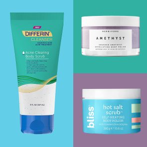 Tube displays Differin Acne Clearing Scrub; jars show Herbivore Amethyst Exfoliating Polish and Bliss Hot Salt Scrub against a colorful, divided background.