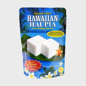 Package displaying coconut pudding squares against tropical background, text highlights 