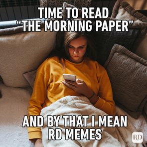 Person in yellow shirt reads phone, sitting on sofa with blankets; text overlays, 
