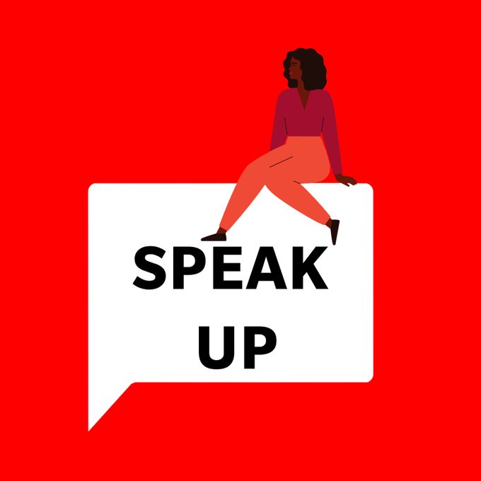 Young Black Woman Sits On A Big Speech Square Bubble.