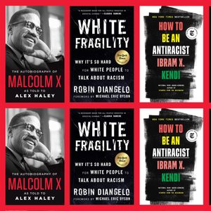 Books arranged in a grid feature diverse covers and titles discussing race and social justice themes, including â€œThe New Jim Crowâ€ and â€œWhite Fragility.â€