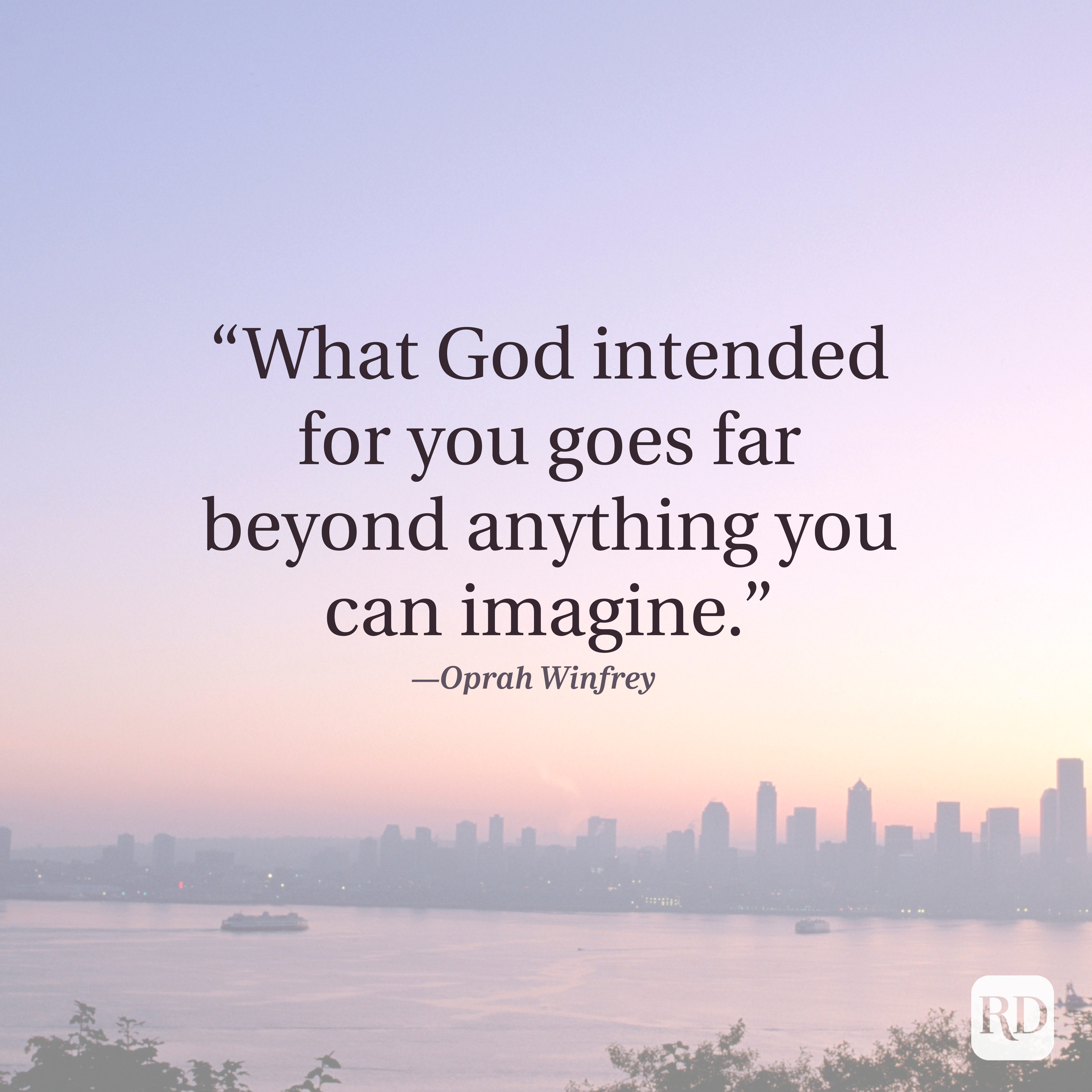 Quote states, "What God intended for you goes far beyond anything you can imagine." Oprah Winfrey. Background shows a city skyline at dusk.
