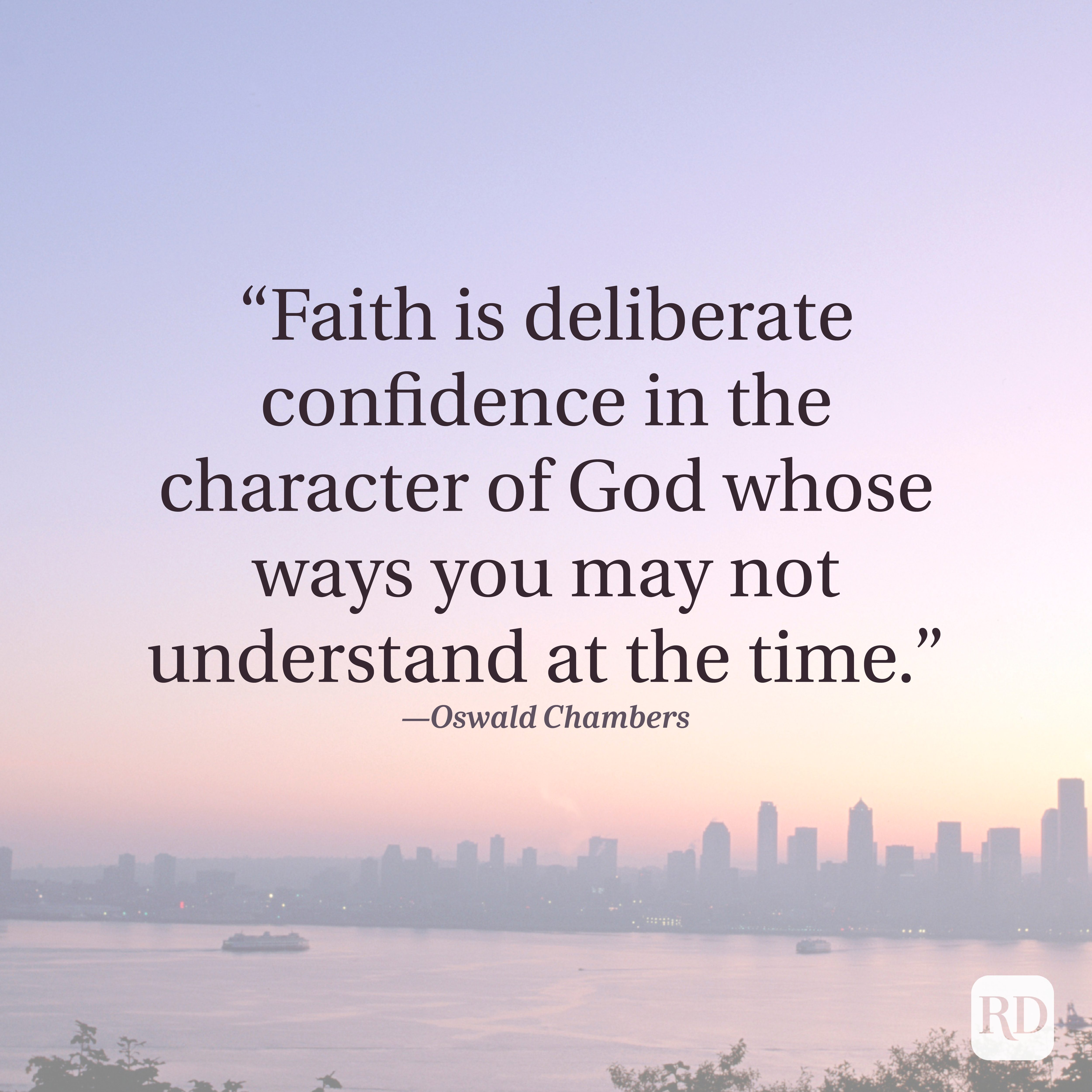 Quote text is placed over a serene city skyline at sunrise, with a pastel sky and faintly visible buildings.