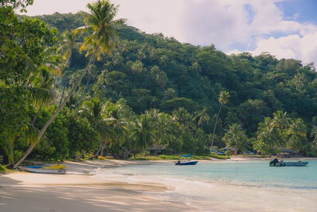 Boats rest on a sandy beach surrounded by lush palm trees and a forested hillside under a partly cloudy sky.