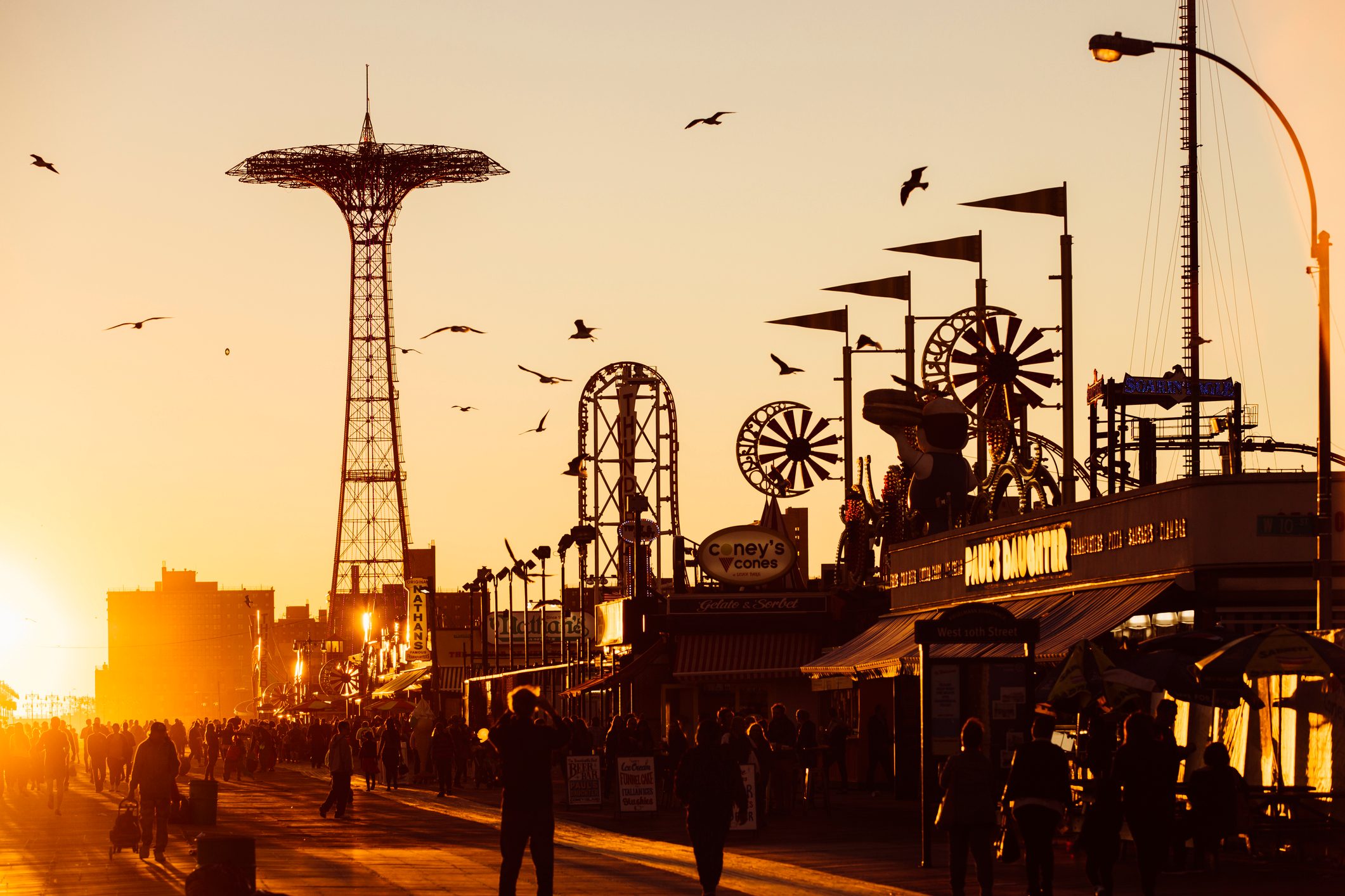 The Coney Island Boardwalk at sunset, Brighton Beach, Brooklyn, New York City, NY, USA