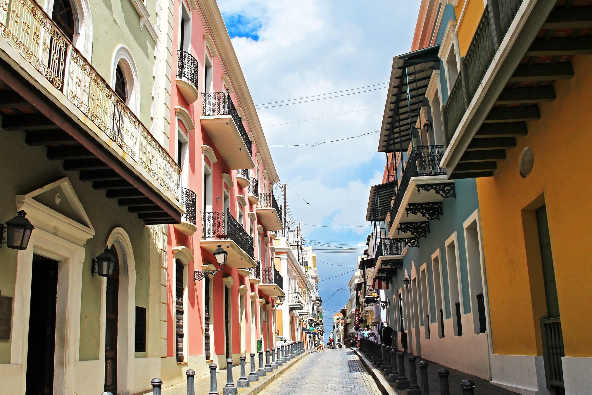 Old buildings and blue cobblestones in the streets of Old San Juan, Puerto Rico
