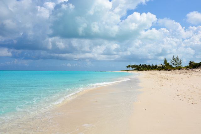 Beach stretches alongside turquoise water, bordered by palm trees under a partly cloudy blue sky.