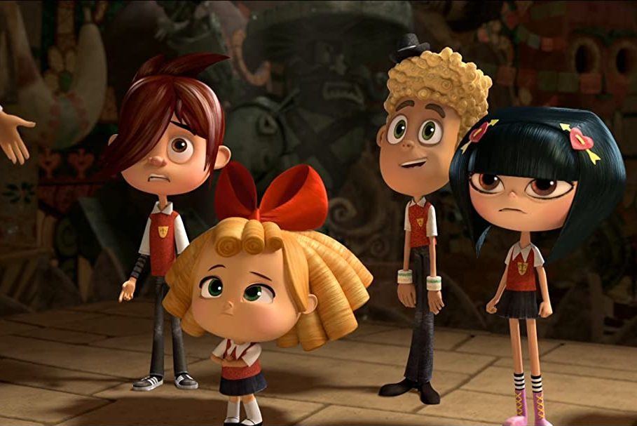 Four animated children stand together, looking surprised, in a dimly lit room with ornate, patterned walls.