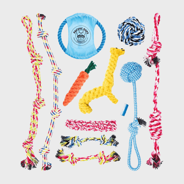 Various colorful rope toys lie arranged; a blue disc features 