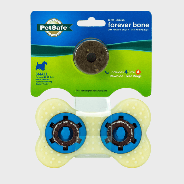 Bone-shaped dog toy holds treats, positioned on colorful packaging, labeled for small dogs, includes four rawhide treat rings.