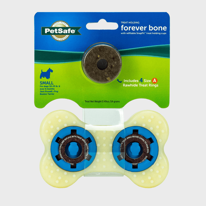 Bone-shaped dog toy holds treats, positioned on colorful packaging, labeled for small dogs, includes four rawhide treat rings.