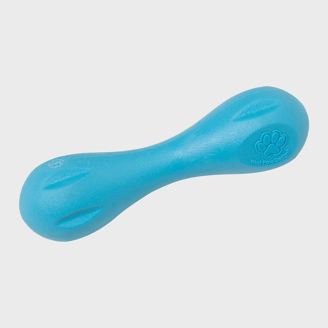 Blue dog bone toy lies on a plain white background, featuring a paw-print logo with 