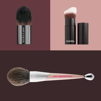 Three makeup brushes displayed; one from "Make Up For Ever," another from "Chanel," and a "Beautyblender" brush. Brushes against contrasting backgrounds.