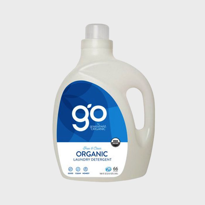 A white laundry detergent bottle labeled 