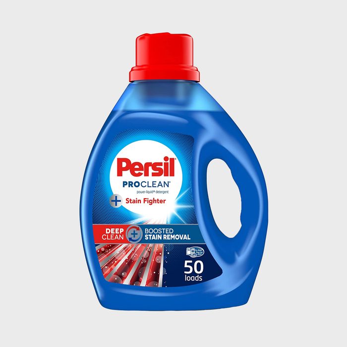 A blue detergent bottle labeled 