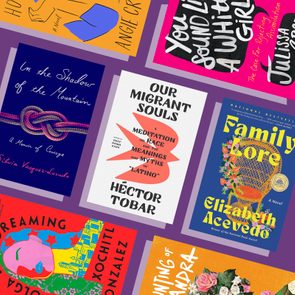 Book covers feature diverse, colorful designs and titles. They are displayed against a purple background, showcasing themes of culture, identity, and personal stories.
