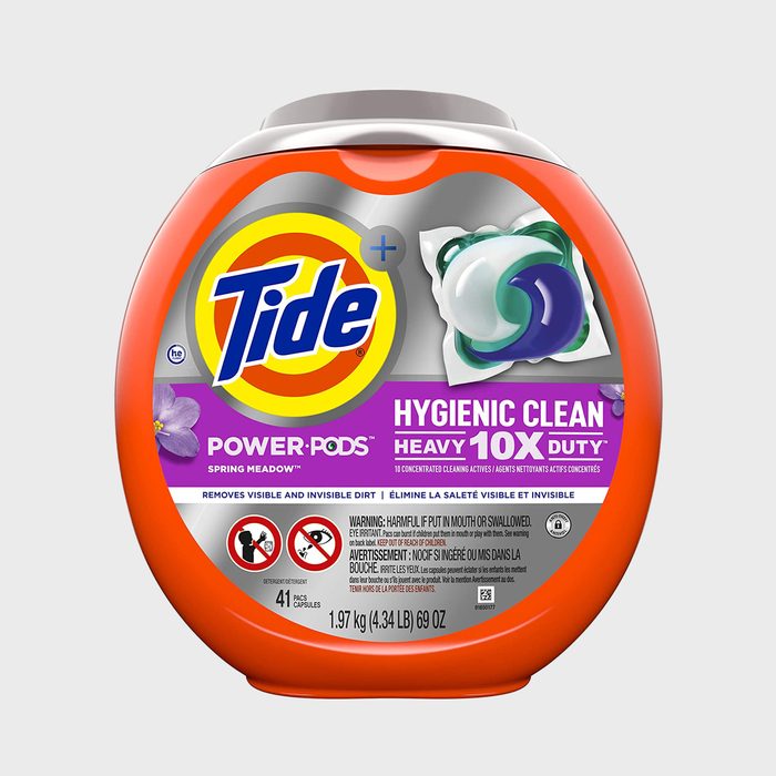 A Tide detergent container displays 