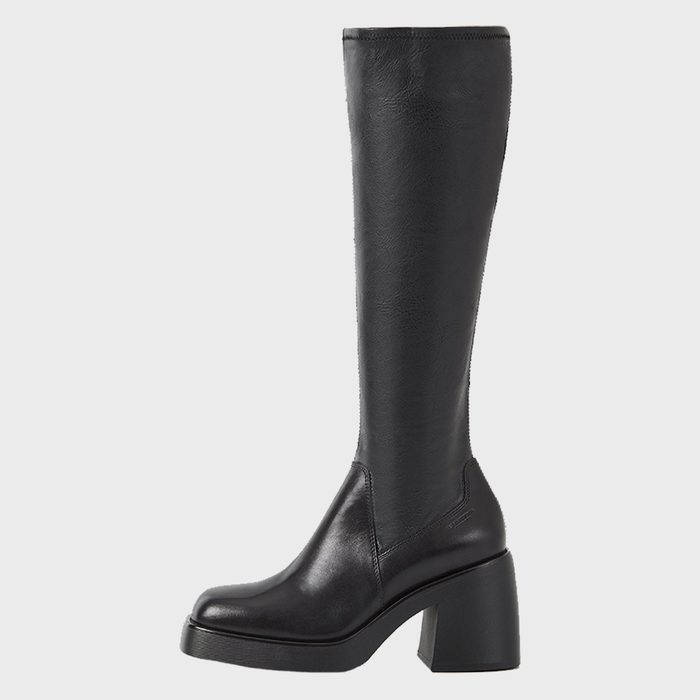 A sleek black knee-high boot with smooth leather texture and block heel, displayed against a plain, light background.