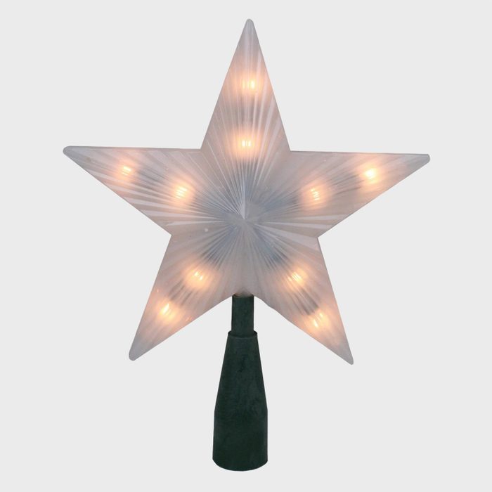 Plastic star lights up, mounted on dark green base, set against plain white background.
