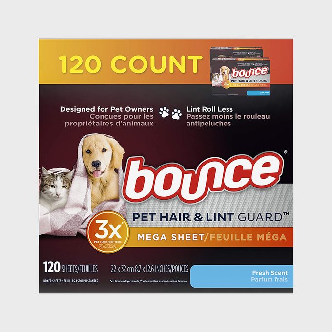 Box displays Bounce pet hair and lint dryer sheets, featuring a dog and cat, highlighting 120 count and fresh scent under orange and black design.