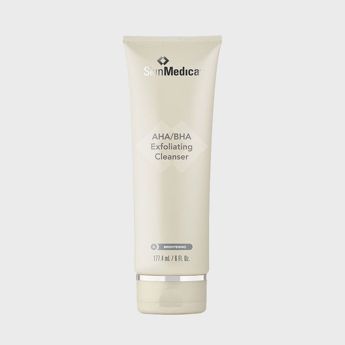 Tube featuring SkinMedica AHA/BHA Exfoliating Cleanser standing upright against a plain background. Text indicates 