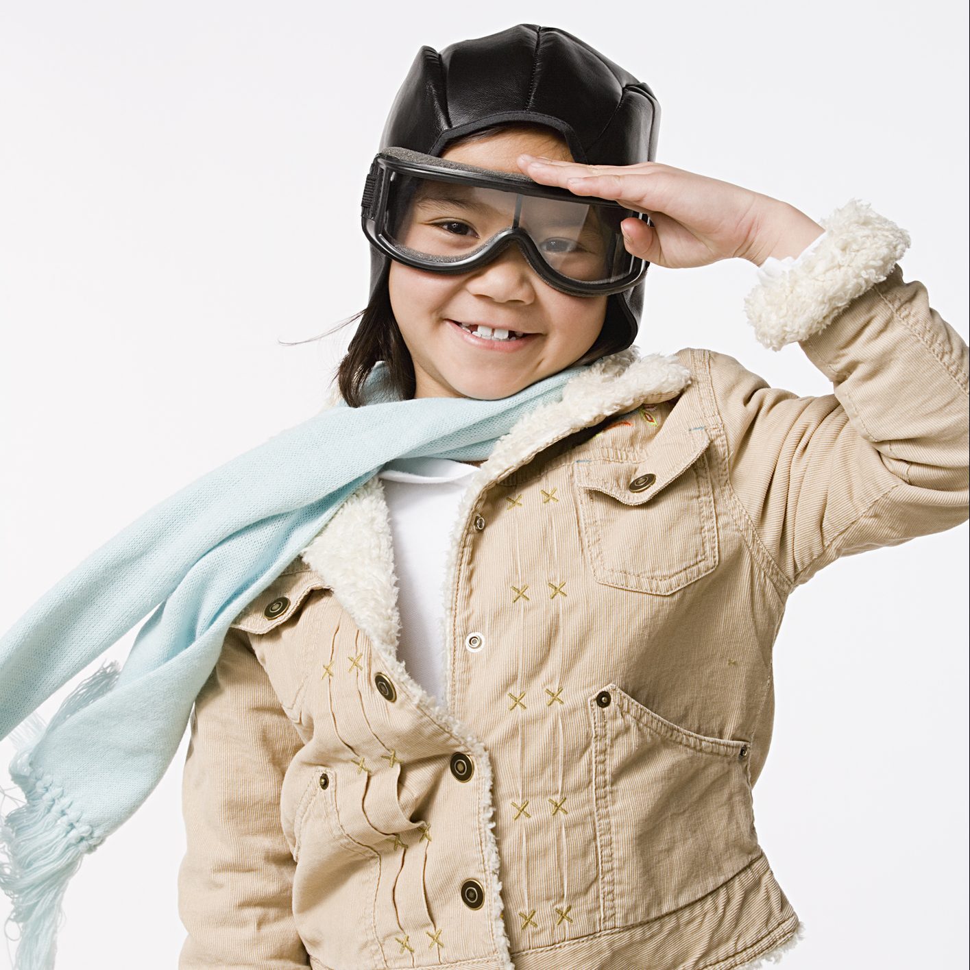 young girl wearing aviator halloween costume