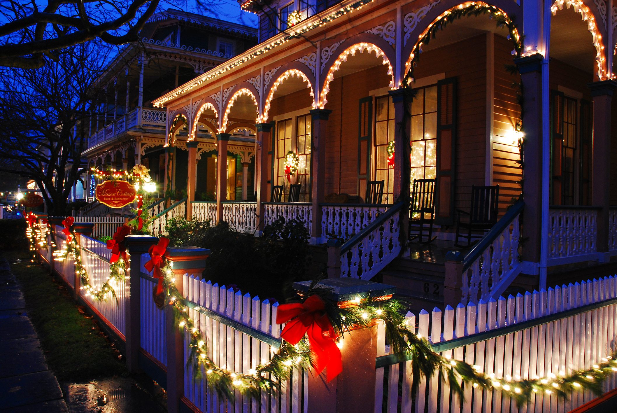 Victorian Christmas decorations glow at night