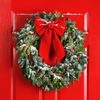 Wreath adorned with a large red bow hangs on a red door, dusted with snow, surrounded by green foliage and berries.