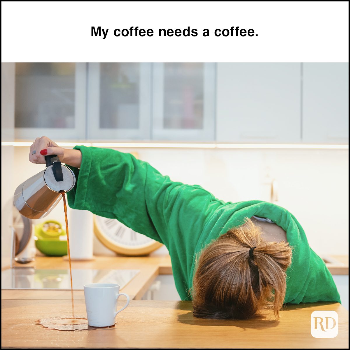 Tired Woman Trying To Drink Morning Coffee And Sleeping On The Table 