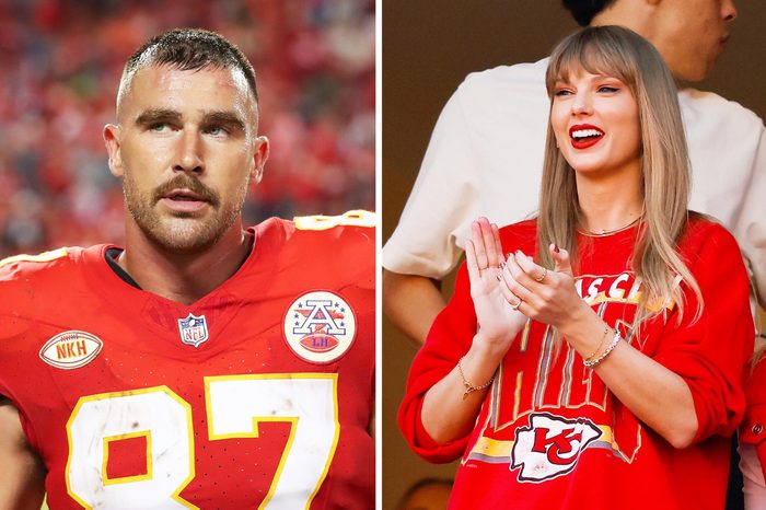 Football player standing on field; woman clapping enthusiastically indoors. Both wearing red clothing in separate, side-by-side images.