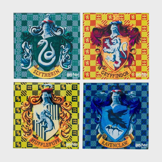 Four heraldic crests represent Hogwarts houses: Slytherin with a serpent, Gryffindor with a lion, Hufflepuff with a badger, and Ravenclaw with a raven.