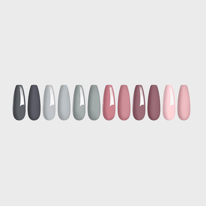 Various colored nail polish samples are displayed; shades include dark gray, light gray, green, pink, and mauve, set against a plain background.