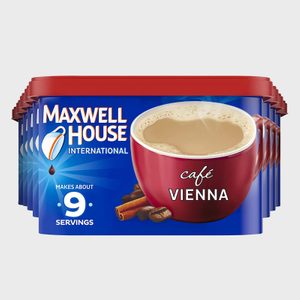 Container displays Maxwell House CafÃ© Vienna with a cup of coffee and cinnamon sticks on the label, indicating makes about 9 servings.