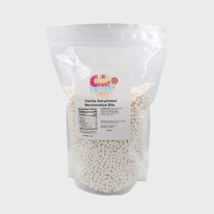 A sealed plastic pouch contains small vanilla-flavored marshmallow bits, labeled 