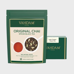 Package displays Vahdam's original chai spiced black tea; shows tea and spices images, with text detailing natural ingredients and sourcing from India.
