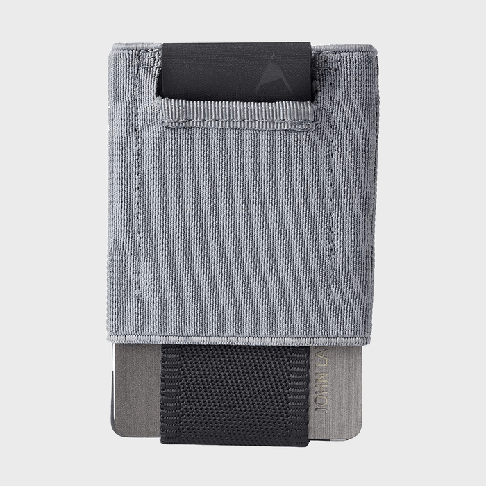 A gray fabric wallet holds cards securely, with a visible black strap and partially exposed card reading 