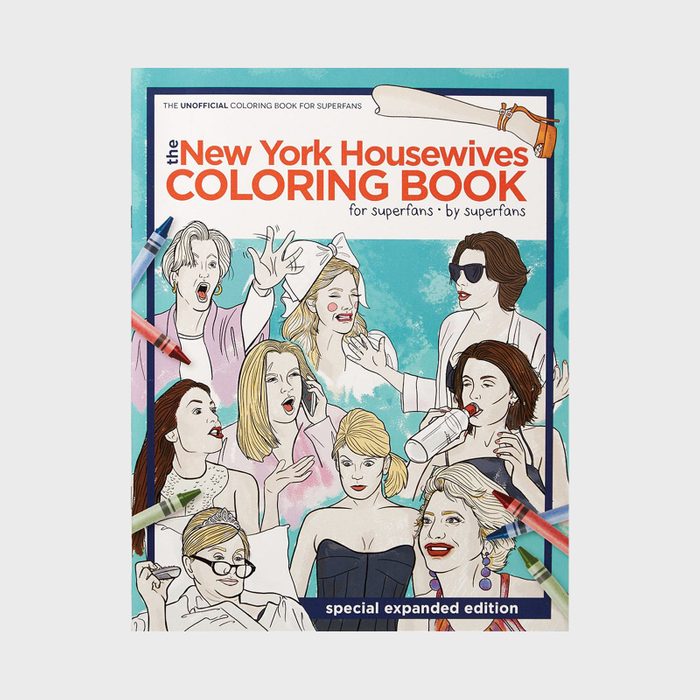 Coloring book featuring expressive women in various poses; several wield crayons. Text: 