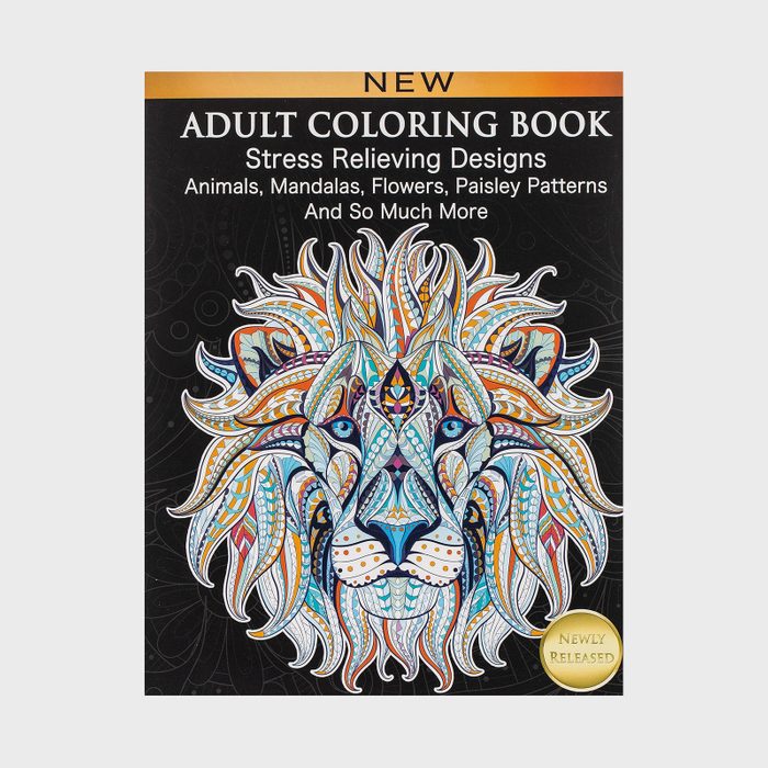 Colorful lion design adorns a book cover, promising stress-relieving patterns like animals and mandalas. Text: 