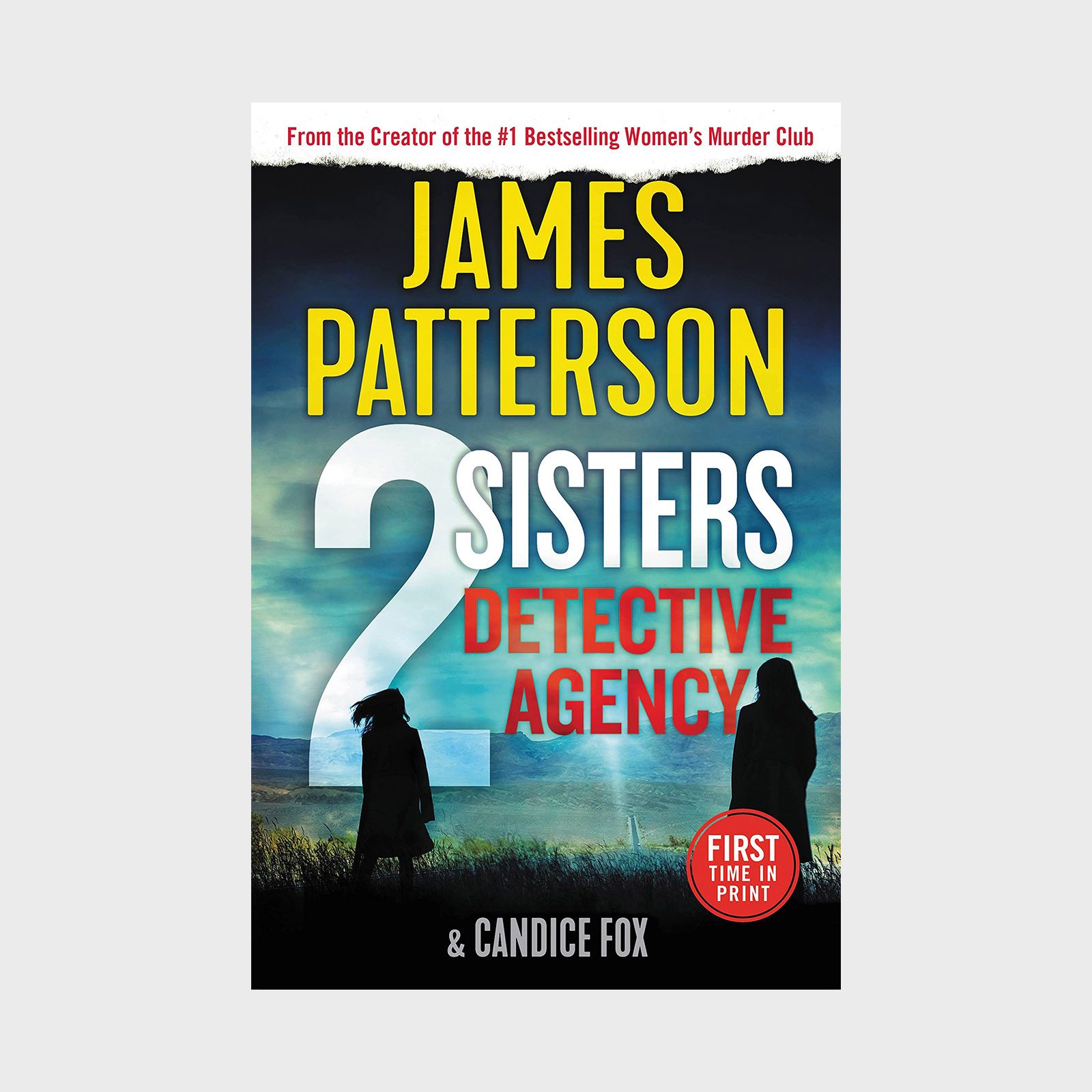 Title "2 Sisters Detective Agency" features two silhouettes standing in a field; sky and mountains create a dramatic backdrop.