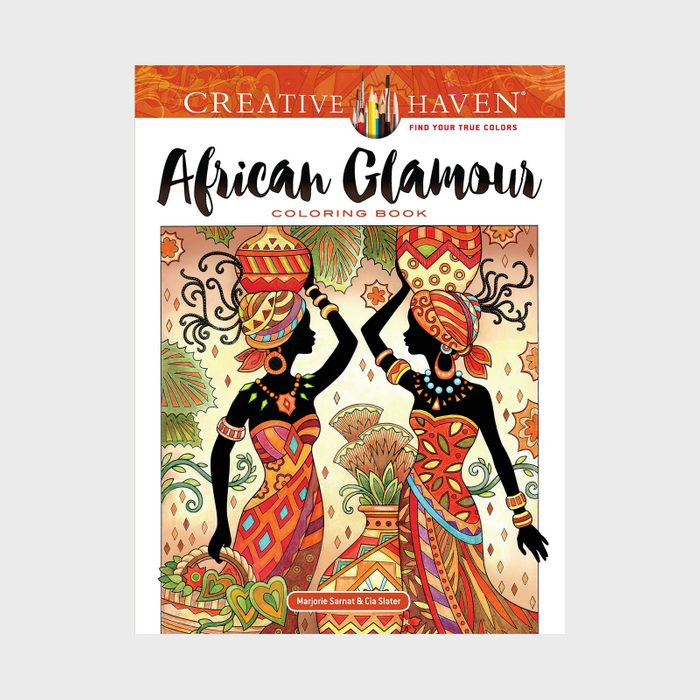 Two women carry baskets, adorned in colorful African patterns, amidst vibrant foliage. Text: â€œCreative Haven African Glamour Coloring Bookâ€ by Marjorie Sarnat & Cia Slater.