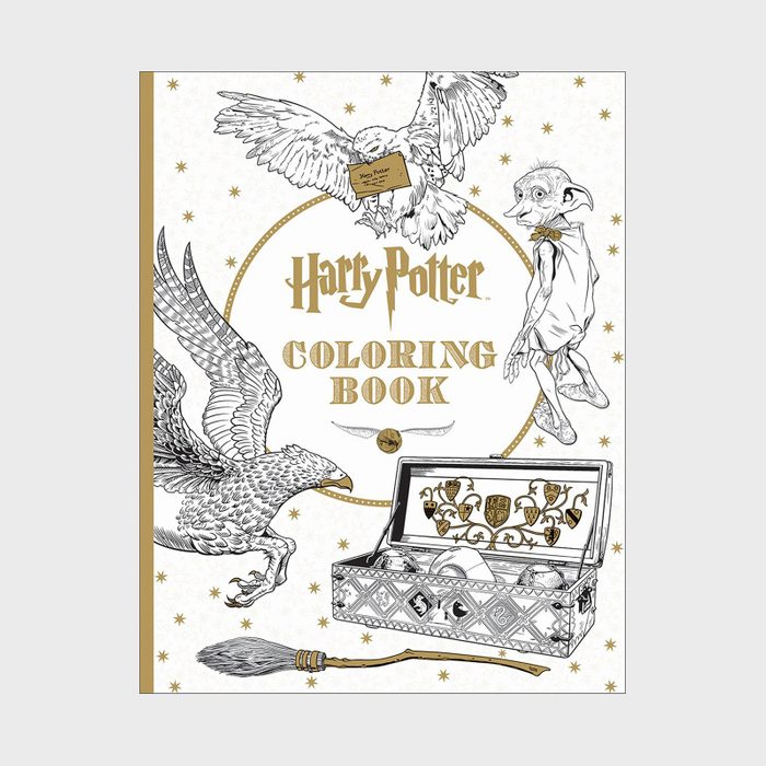 A coloring book features an owl carrying mail, surrounded by a house-elf, a broomstick, and a treasure chest. Text reads, 