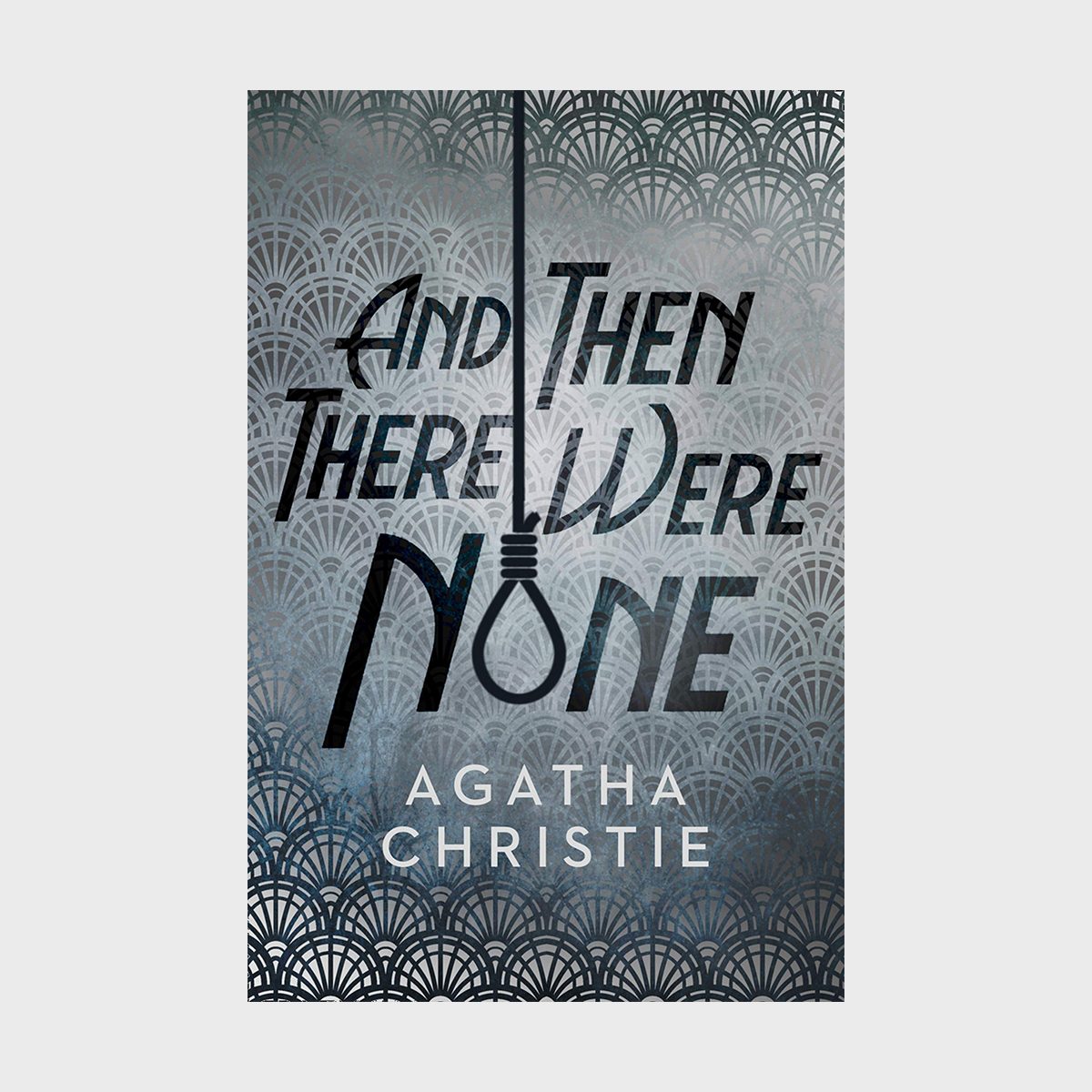 A book cover displays stylized text "And Then There Were None" with a noose graphic, against an abstract patterned background. Author: Agatha Christie.