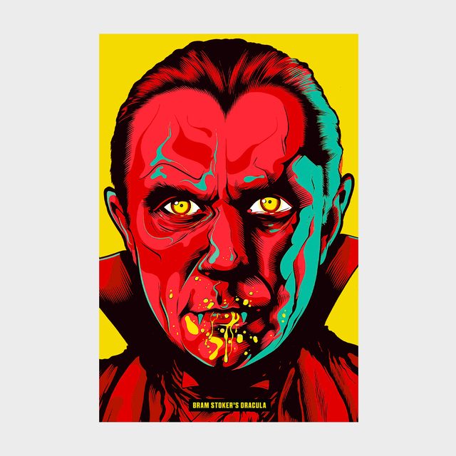 A stylized vampire face glares intensely, with vivid red and blue colors, and glowing eyes, set against a bright yellow background. Text: 