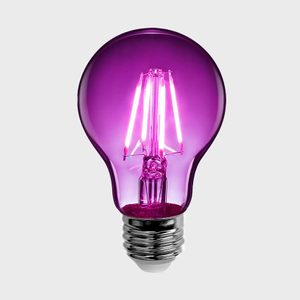 A glowing purple light bulb emits light on a plain gray background.