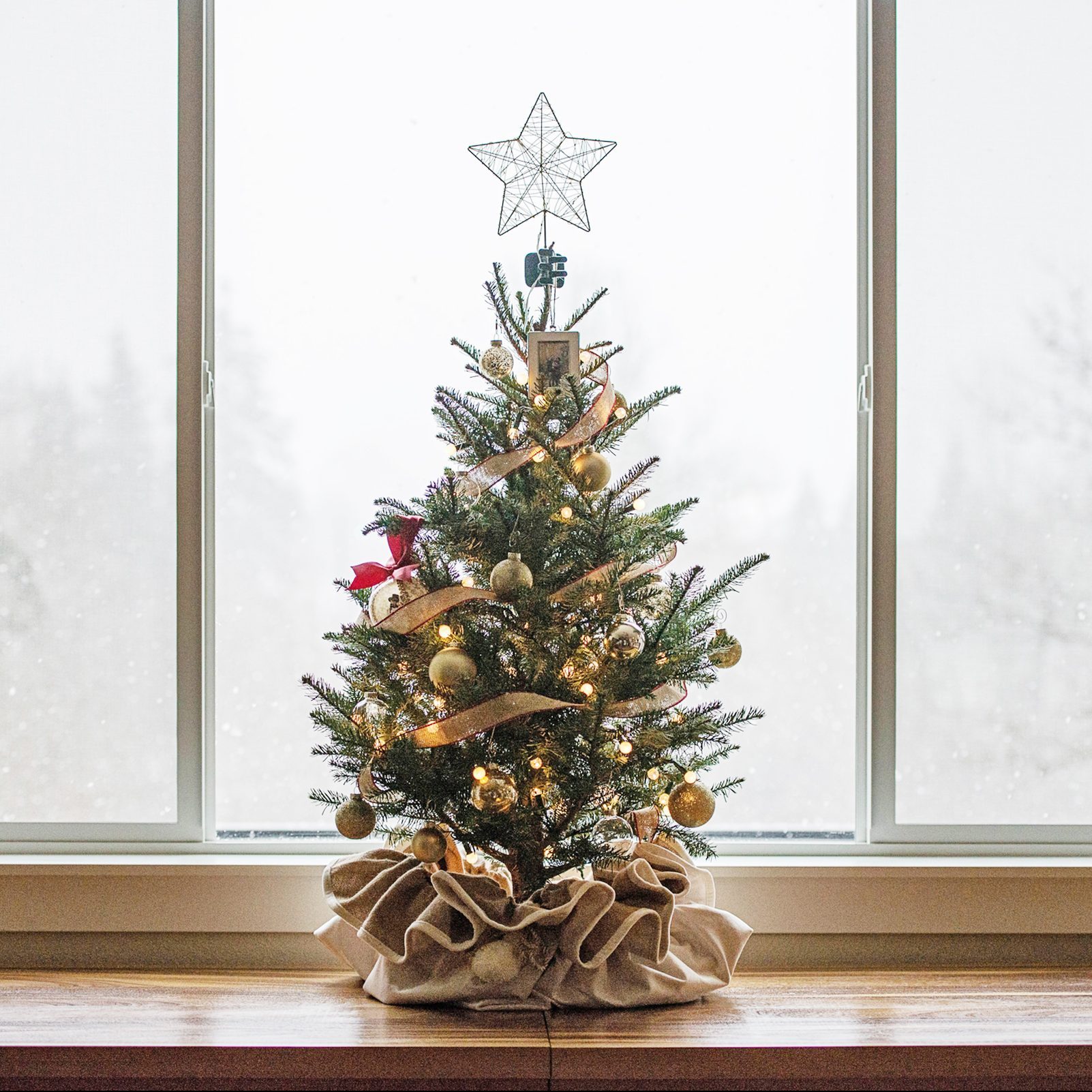 Christmas Tree On Table Against Window At Home