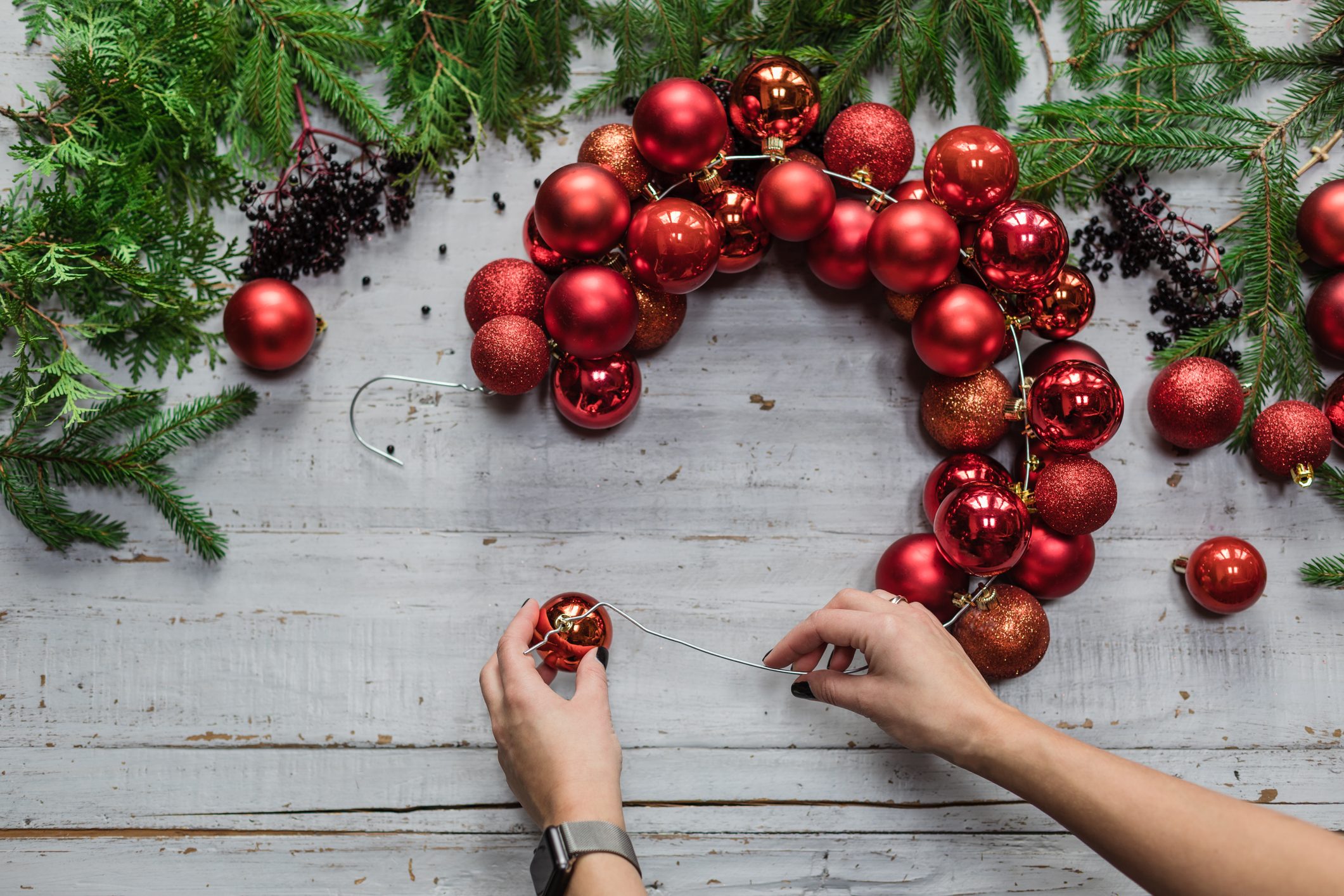 red ornament wreath for christmas