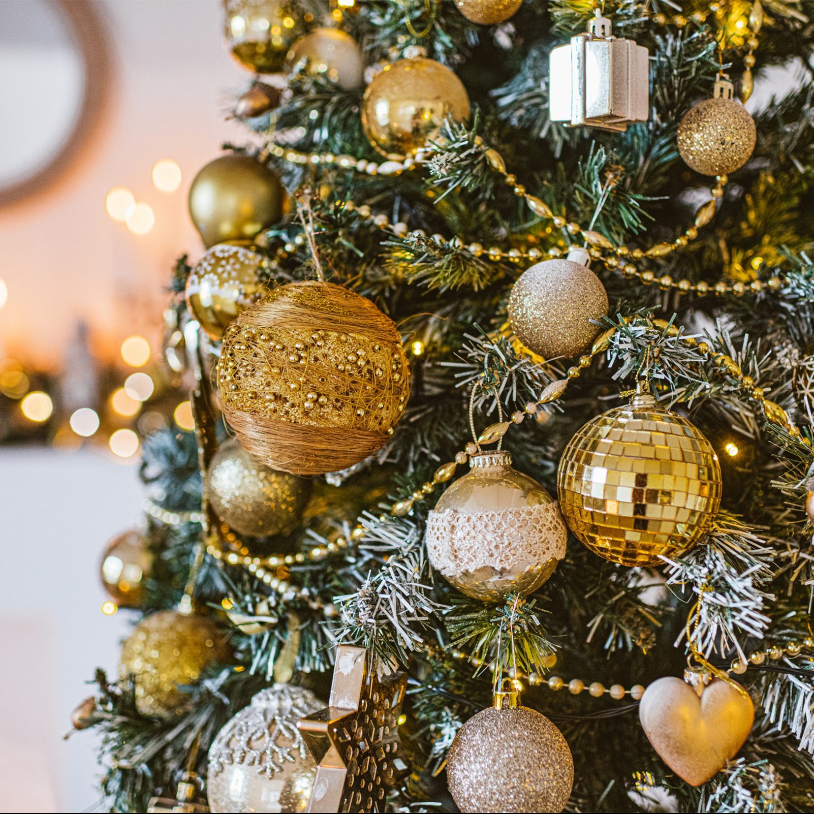 Christmas living room decoration, white and gold colors interior decoration background